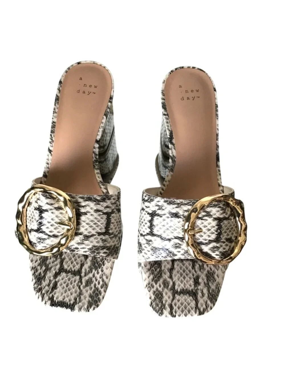 Snake-skin Block Heel Slide Sandals with Gold Buckle by A New Day - Women's Shoe